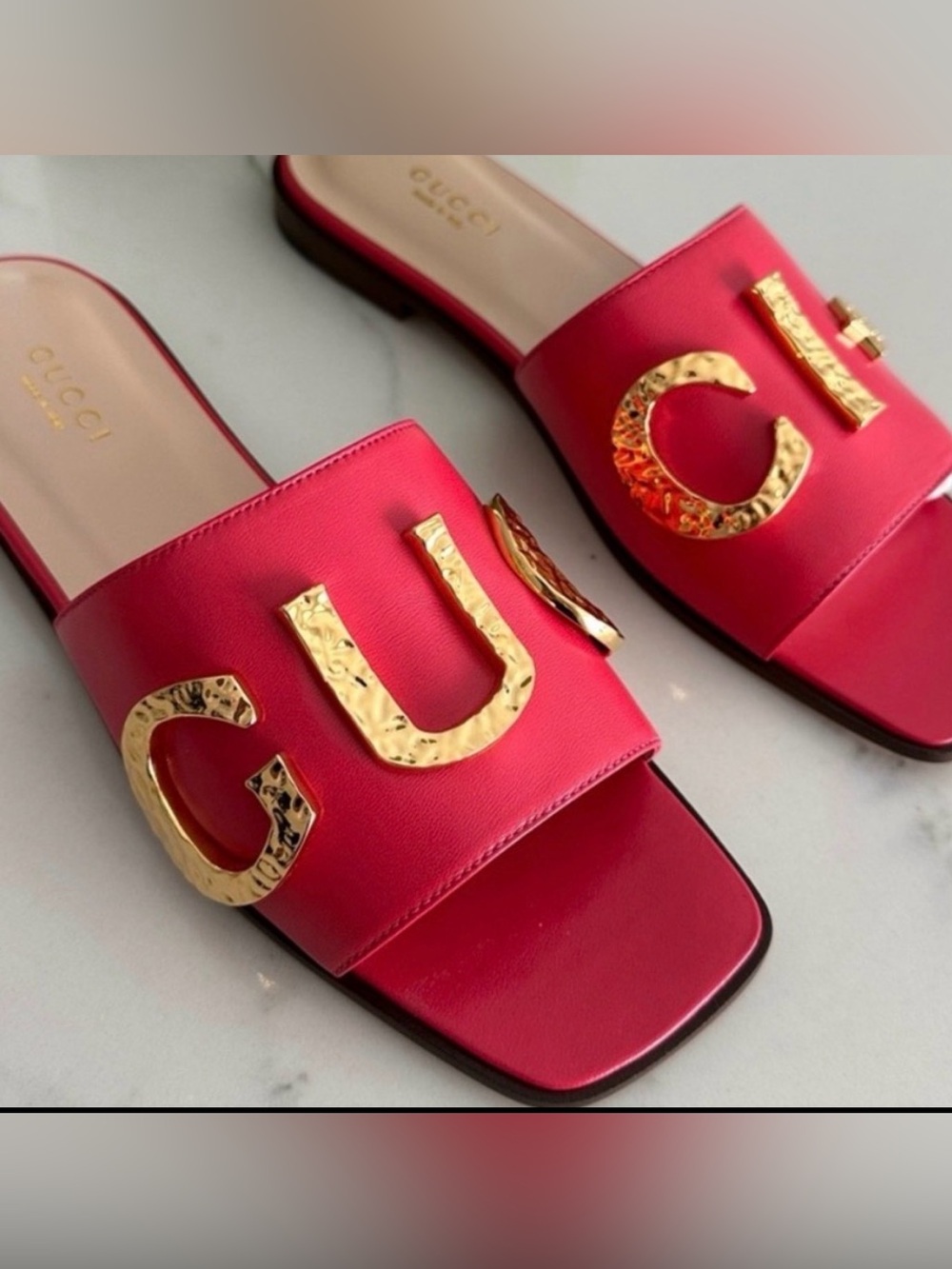 Gucci Cara Leather Slide Mules with Gold GUCCI Letters